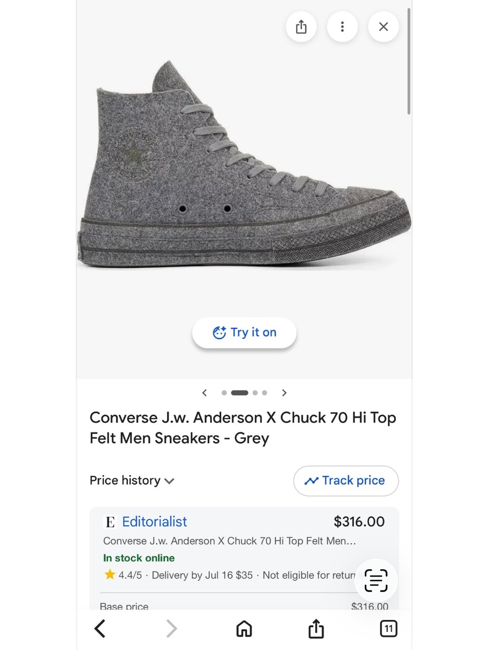 Jw Anderson collab Converse Chuck 70 Hi Top top Felt size 11 men’s women’s 13